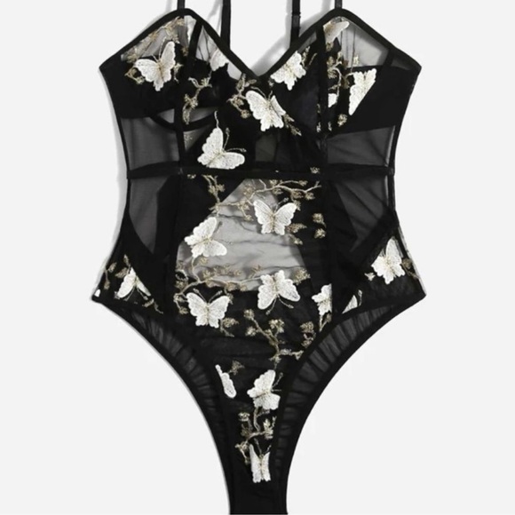Halloween Fairy Lolita Goth Metallic Butterfly Mesh Bodysuit - Picture 1 of 9